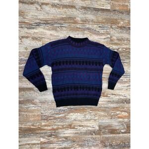 Vintage 80's Scandia Acrylic Sweater Size Large Purple Blue Black Pullover